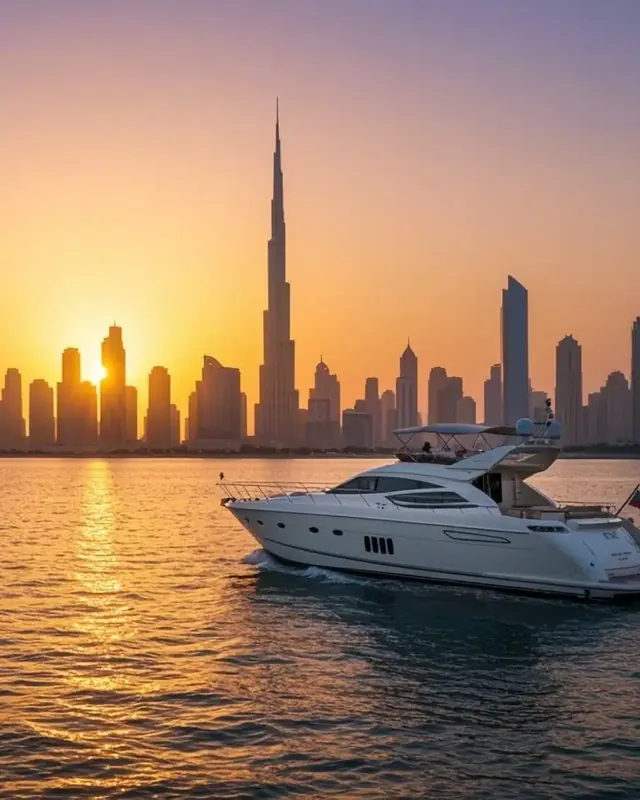 Dubai skyline with the Burj Khalifa at sunset