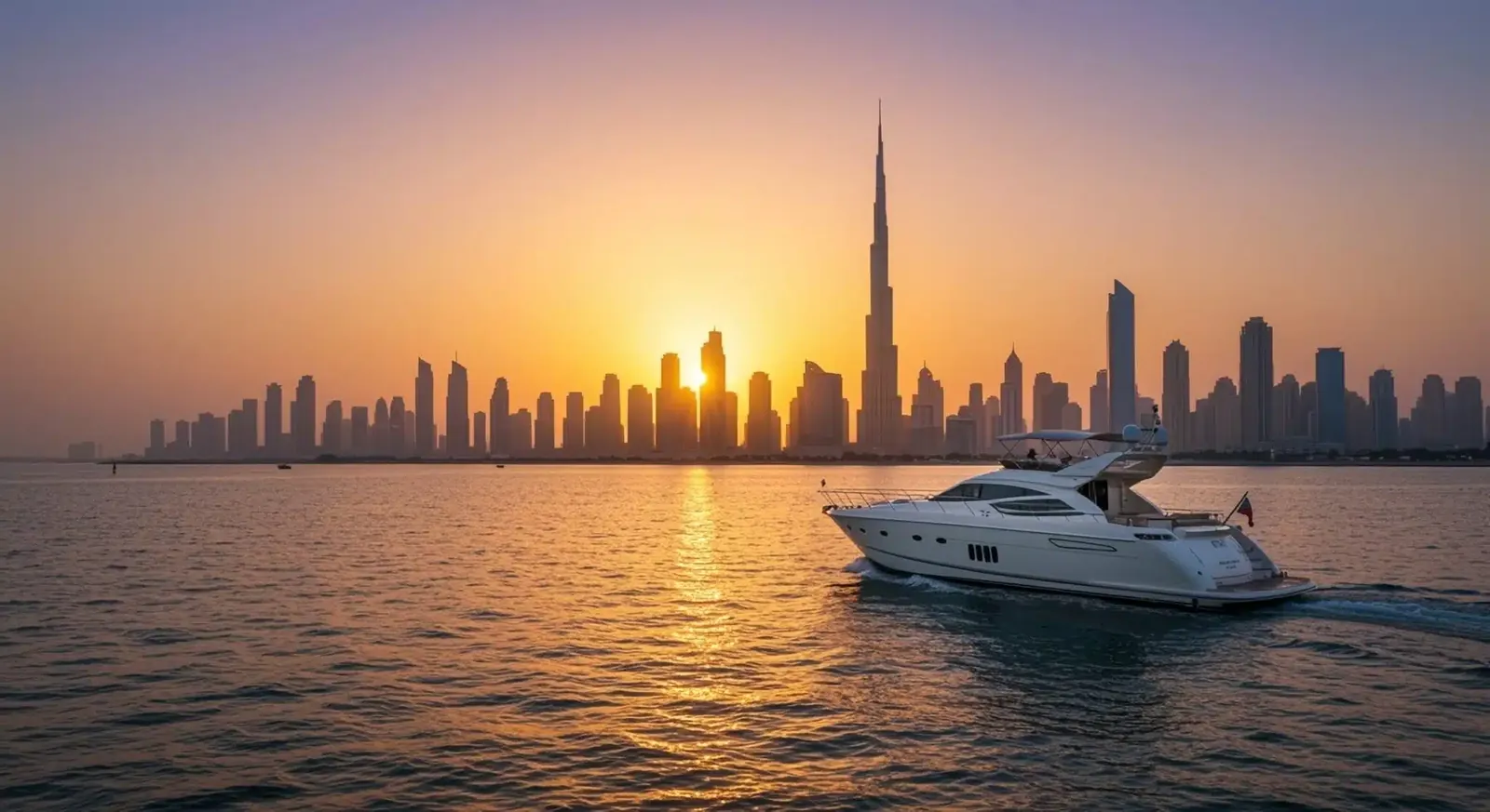 Yacht vor der Skyline von Dubai bei Sonnenuntergang